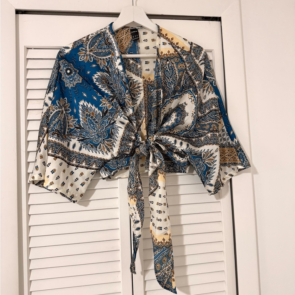 Blue Paisley Tie-Front Crop Top